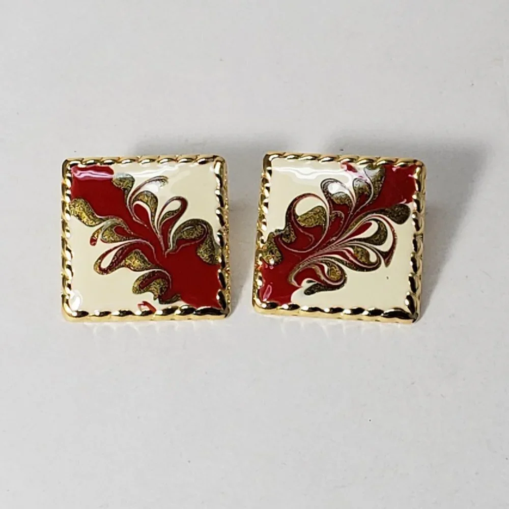Women's Stunning Gold tone Multi-color Square Stud Earrings - Eye-Catching, RED - Picture 5 of 7